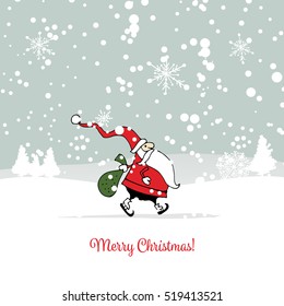 Santa Claus in winter forest. Christmas card. Vector illustration