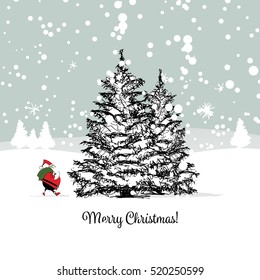 Santa Claus in winter forest. Christmas card. Vector illustration