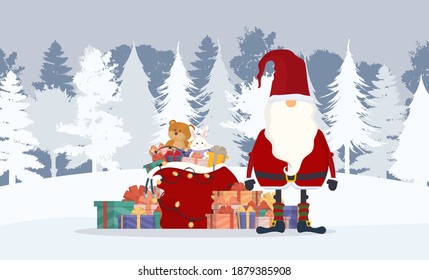 Santa Claus en el bosque invernal. Una montaña de regalos, una bolsa roja, un anciano con barba blanca en traje rojo. Tarjeta de Navidad. Ilustración del vector