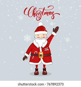 Santa Claus. Winter holidays cartoon character and Christmas script lettering. 