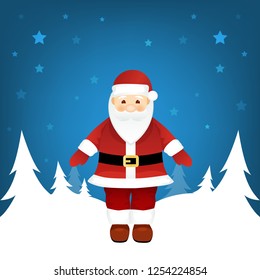 Santa Claus, winter landscape, silent night with stars. Vector Illustration
