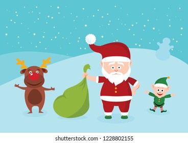 Santa Claus in winter landscape vector. Santa claus with friends. Santa, reindeer and elf in a snowy landscape. Christmas cartoon characters