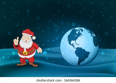 santa claus at winter snowfall with America world globe vector illustration