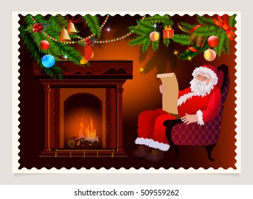 Santa Claus and a wish list by the fireplace. New year and Christmas greeting postcard, vector illustration.