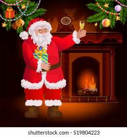 Santa Claus wishes a Happy New Year and Merry Christmas and drink champagne. In his hands a gift box. Fireplace decorated with Christmas tree branches.