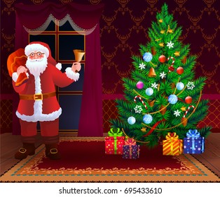 Santa Claus wishes a Happy New Year and Merry Christmas. He ringing a bell. Christmas tree in the living room. Holiday decorated interior.