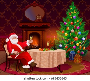 Santa Claus wishes a Happy New Year and Merry Christmas with drink champagne. Christmas tree in the living room and cozy fireplace with candles. Holiday decorated interior.