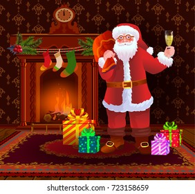 Santa Claus wishes a Happy New Year and Merry Christmas and drink champagne. Vector illustration with Christmas fireplace with socks and gifts.