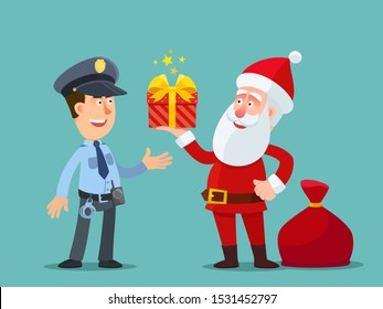 Santa Claus wishes policeman Merry Christmas and Happy New Year. Santa gives a red gift. Vector illustration, flat design, cartoon style. Isolated background.