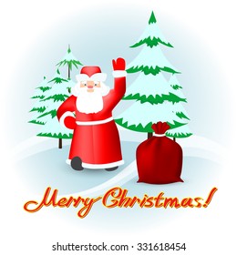 Santa Claus wishes you a Merry Christmas/Merry Christmas/Santa Claus and gift bag in the winter woods
