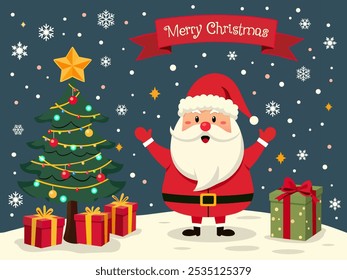 Santa Claus Wishing Merry Christmas and Celebrating Christmas Next to a Decorated Tree with Gifts in Snowy Scene. Greeting card or web banner, vector illustration