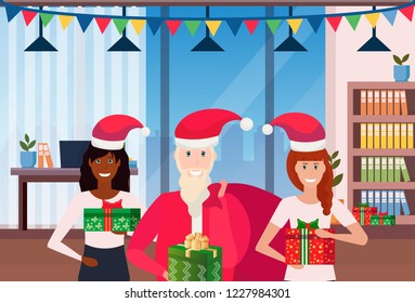 santa claus withmix race business women standing in modern office interior new year merry christmas celebration concept flat horizontal vector illustration