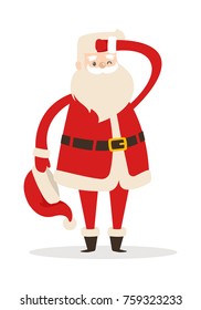 Santa Claus without hat looking far away with one hand near head. One eye is closed. Father Christmas in cartoon design. Funny magic character in flat. Vector illustration in winter holiday concept.