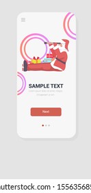 santa claus wits gift present boxes looking through binoculars merry christmas happy new year holidays celebration concept smartphone screen online mobile app greeting card vertical vector