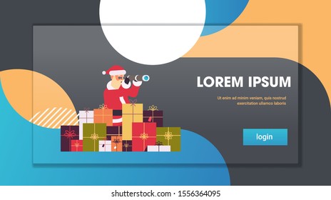 santa claus wits gift present boxes looking through binoculars merry christmas happy new year winter holidays concept greeting card horizontal copy space vector illustration