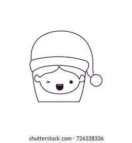 santa claus woman kawaii face with wink eye and happines expression with hat silhouette on white background vector illustration