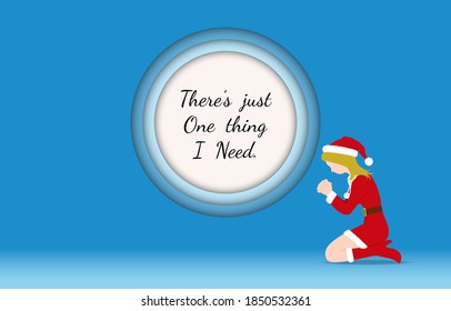 A Santa claus woman is kneeling and praying for something that can be written in the circle of the wall. Vector background.