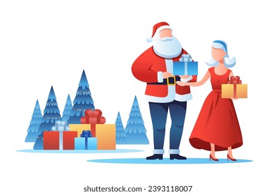 santa claus with woman in red dress holding wrapped gifts new year holidays celebration concept horizontal