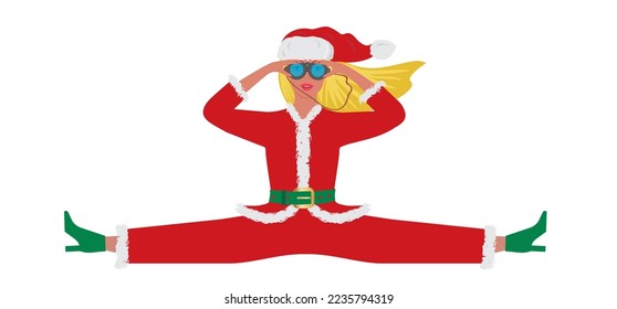 Santa Claus woman in split position with binoculars. Isolated on white. Vector illustration.