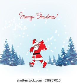 Santa Claus in the woods, greeting, trees, sleeping, winter, christmas, background for congratulations, template, new year, christmas, isolated vector