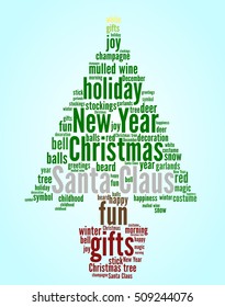 Santa Claus word cloud concept in shape of fir in pot on light blue background. Vector.