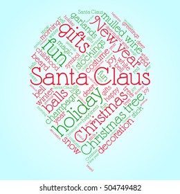 Santa Claus word cloud in shape of balloon on blue background. Christmas concept. Vector.