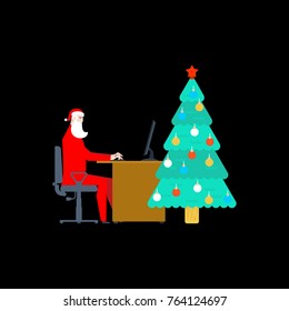 Santa Claus at work at computer. Christmas work. Businessman Santa. Vector illustration