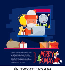 Santa claus is working with computer at late night. winter season at window.  Santa give presents to the Kids- vector illustration