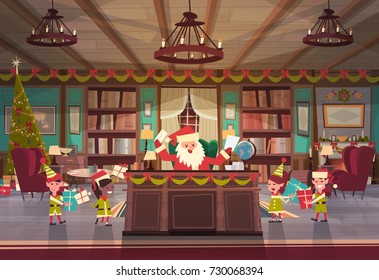 Santa Claus Working With Elfs In Office Room Getting Merry Christmas And Happy New Year Gifts And Presents, Winter Holidays Concept Flat Vector Illustration