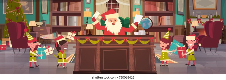 Santa Claus Working With Elfs In Office Room Getting Merry Christmas And Happy New Year Gifts And Presents, Winter Holidays Concept Flat Vector Illustration