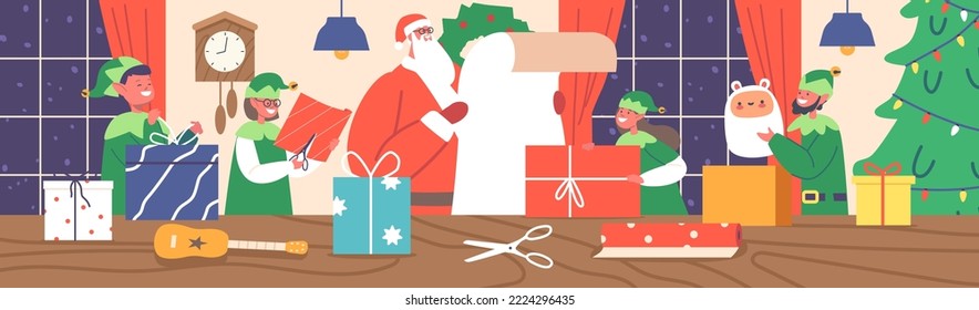 Santa Claus Working With Elves In Office Room Reading Gift List and Prepare Presents to Kids for Merry Christmas And Happy New Year Winter Holidays Celebration. Cartoon Vector Illustration