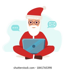 Santa Claus is working on a laptop. Funny character checks mail while sitting in lotus position. Vector illustration in flat style