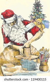 Santa Claus working on a potter's wheel - Homemade Xmas. Description: Editable in five layers. Number of colors in each layer: no more than sixteen. White color is excluded.