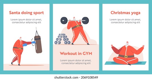 Santa Claus Workout in Gym Cartoon Posters. Funny Senior Character Boxing, Meditate, Sportsman Healthy Lifestyle, Powerlifting Sport. Christmas Mascot, Xmas Fitness Sports. Vector Illustration