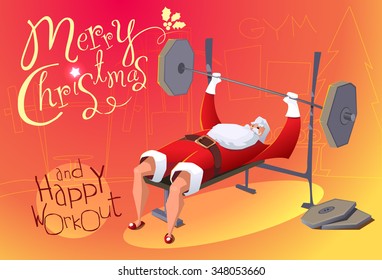 Santa Claus workout in GYM. Happy New Year and Merry Christmas 