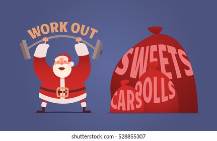 Santa Claus workout in GYM. Merry Christmas and Happy New year. Heavy bags with gifts.