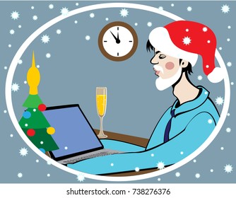 Santa Claus works in the office. There is a table, laptop, Christmas tree and a glass of alcoholic beverage. At the wall clock five minutes to midnight