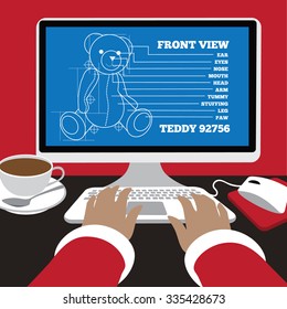 Santa Claus works on blueprints for a teddy bear Flat design. Christmas design EPS 10 vector illustration.