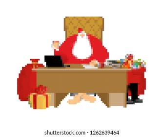 Santa Claus works pixel art. New Year big red sack with gifts. Xmas 8bit. Video game Old school Merry Christmas. 