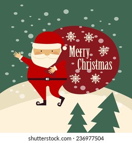 Santa Claus is worth carries a bag with gifts and wishes Merry Christmas illustration