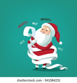 Santa Claus wrapped in his naughty and nice list. EPS 10 vector illustration.