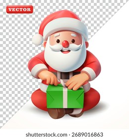 Santa Claus wrapping a gift, 3d vector. Suitable for events and businesses