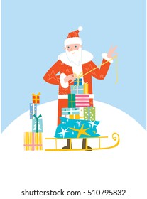 Santa Claus wrapping and packing the Christmas gifts on the sleigh. Vector illustration