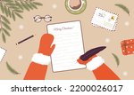 Santa Claus write christmas letter to children. Winter holiday wishes. Top view workplace. Notebook sheet page on desk. Cozy vector illustration in flat cartoon style.