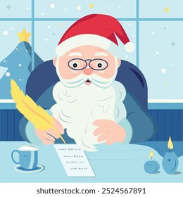 Santa Claus is writing a letter in his residence at the North Pole