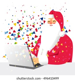 Santa Claus writing a letter on the laptop. Excellent New Year's gift card. Vector illustration on white background.