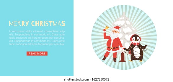 Santa claus and xmas penguin cartoon character vector web banner illustration. Cute Penguins withlight bolbs chain for Merry Christmas and Happy New Year kids invitation celebration online.
