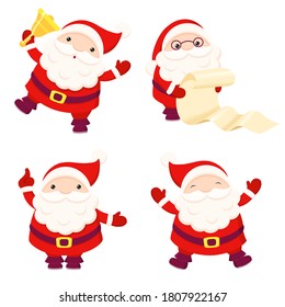 Santa Claus xmas set. Christmas collection of happy Santa Clauses in various poses - jumping, holding bell, reading list of gifts. Vector illustration EPS8