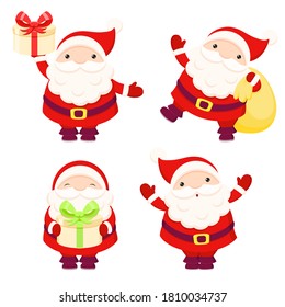 Santa Claus xmas set. Christmas collection of happy Santa Clauses in various poses - jumping, holding gift, with a bag of gifts. Vector illustration EPS8