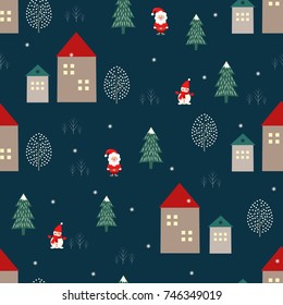 Santa Claus, xmas tree, houses and  snowman seamless pattern on blue background. Vector holidays illustration for NY and Christmas. Cartoon style. Night design for fabric, textile, wallpaper and decor